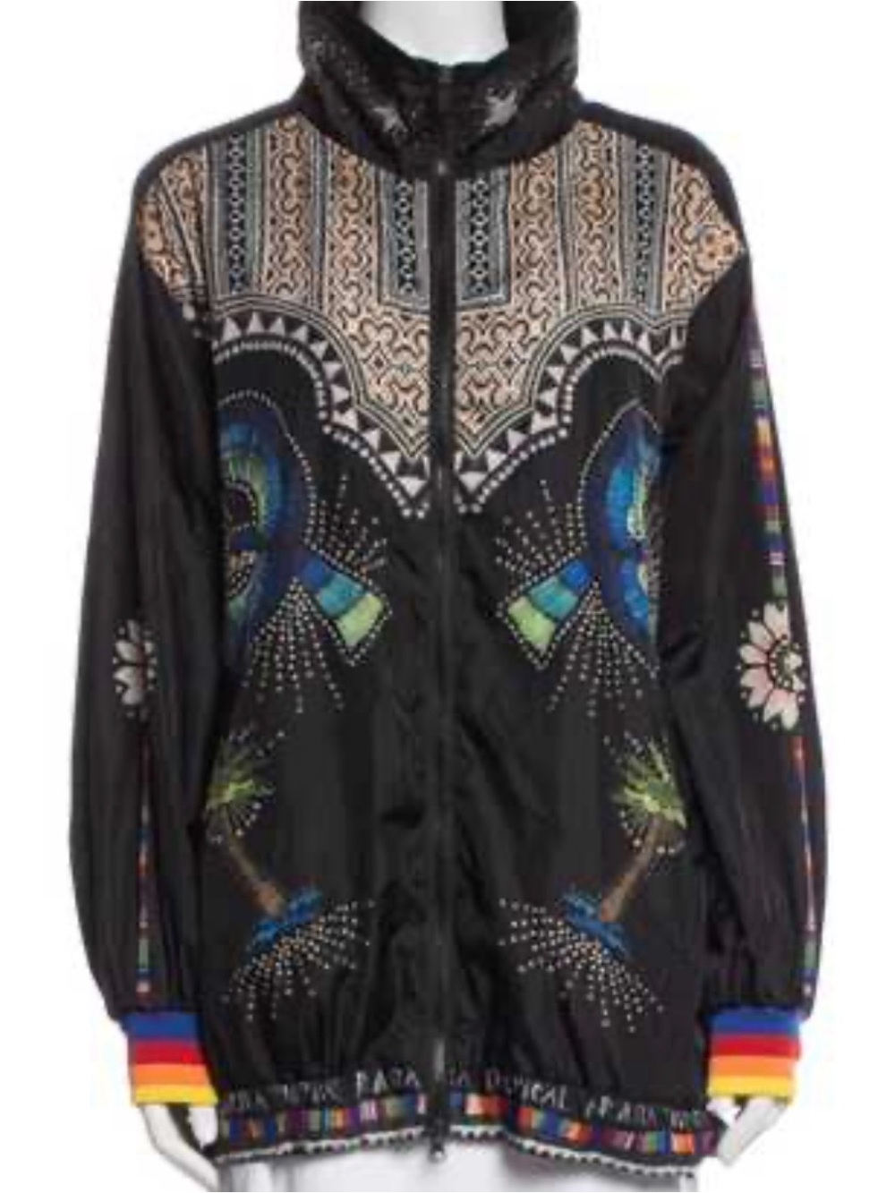 FARM Rio Black Bomber Jacket with Multicolor Tropical Accents